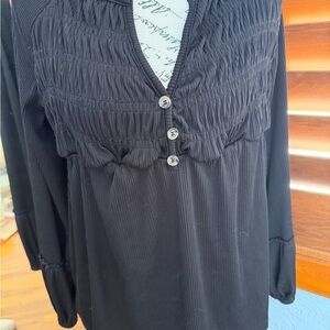 Black Smocked V-Neck Long Sleeve Top